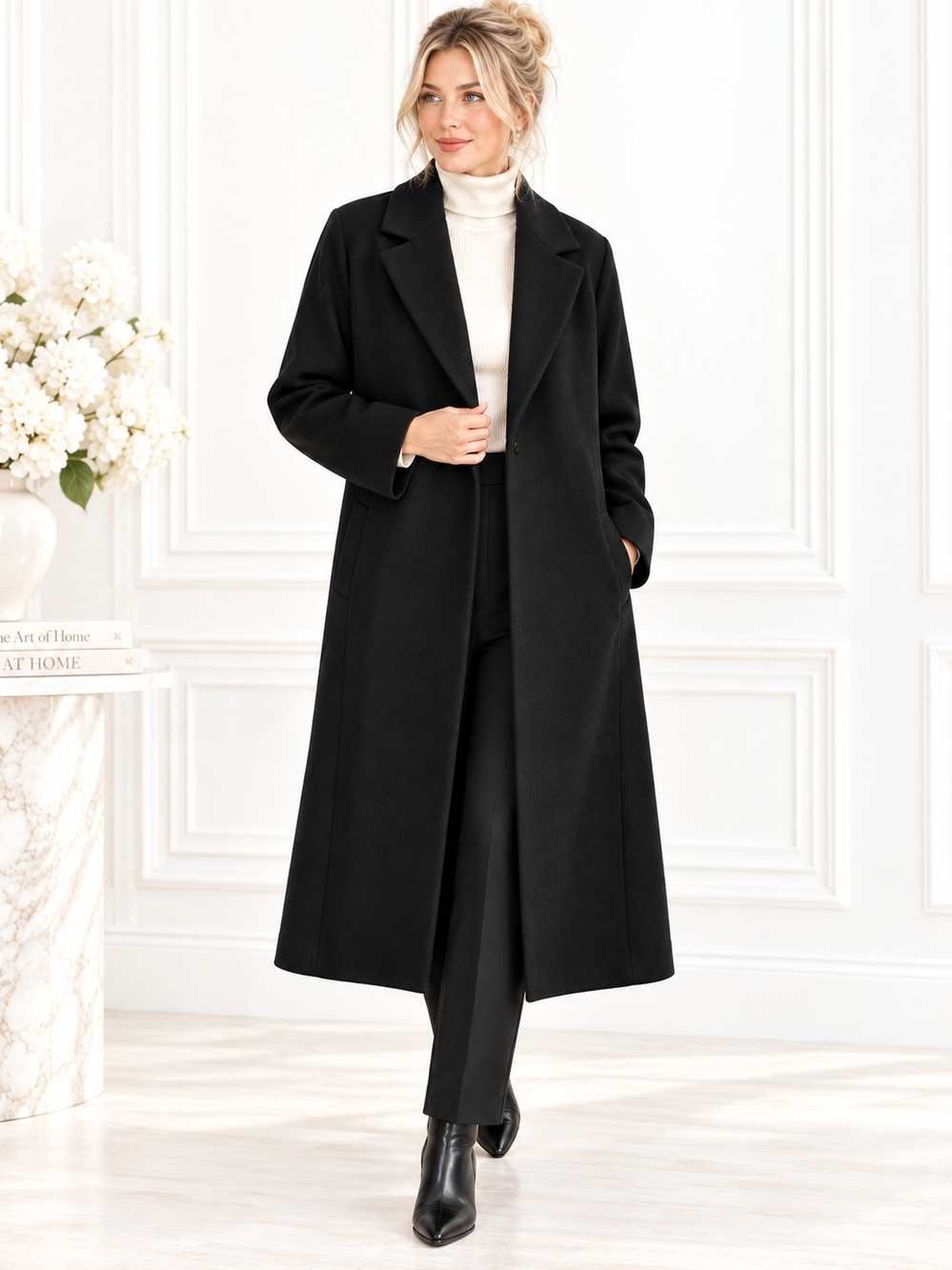 H&M Black Longline Maxi Coat |  Classic Minimalist |  Size Medium